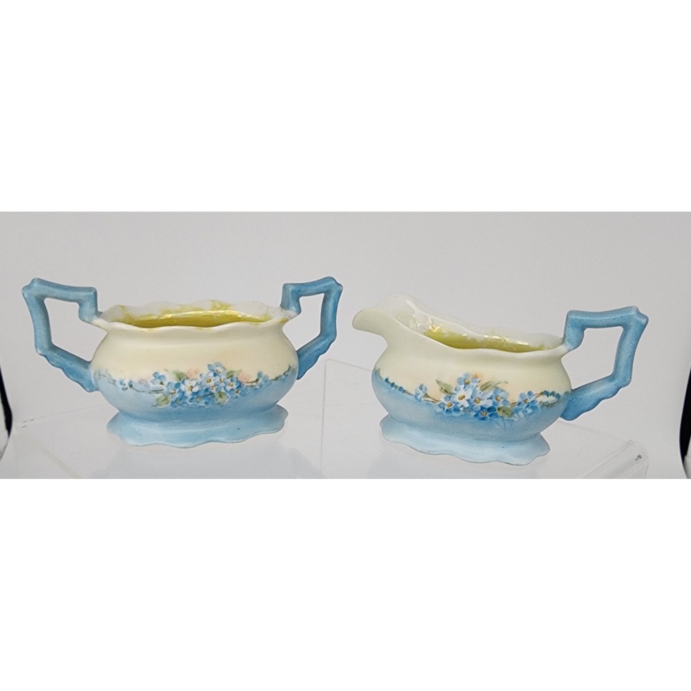 Creamer and Sugar Set Blue Forget Me Not Hand Painted Unmarked Floral EXC